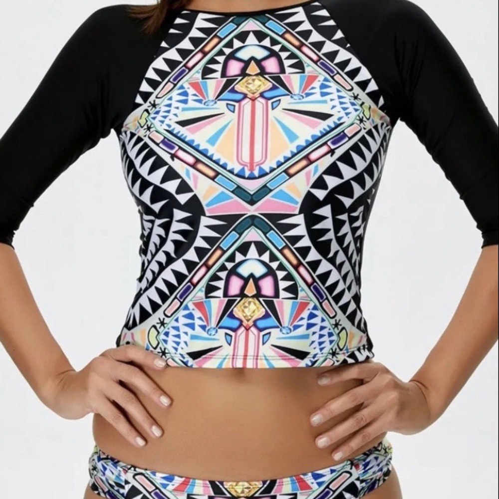 Tribal Long Sleeve Rashguard Multicolor Beach Surf Womens Summer Swim Set Y2K S